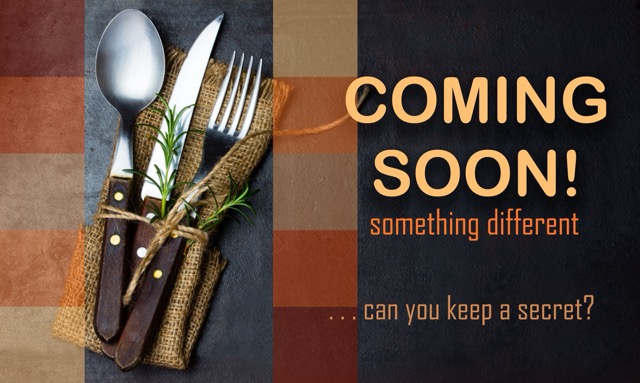 teaser poster wall mural sticker with coming soon phrase for pastry restaurant grocery coffee shops spoon and pork